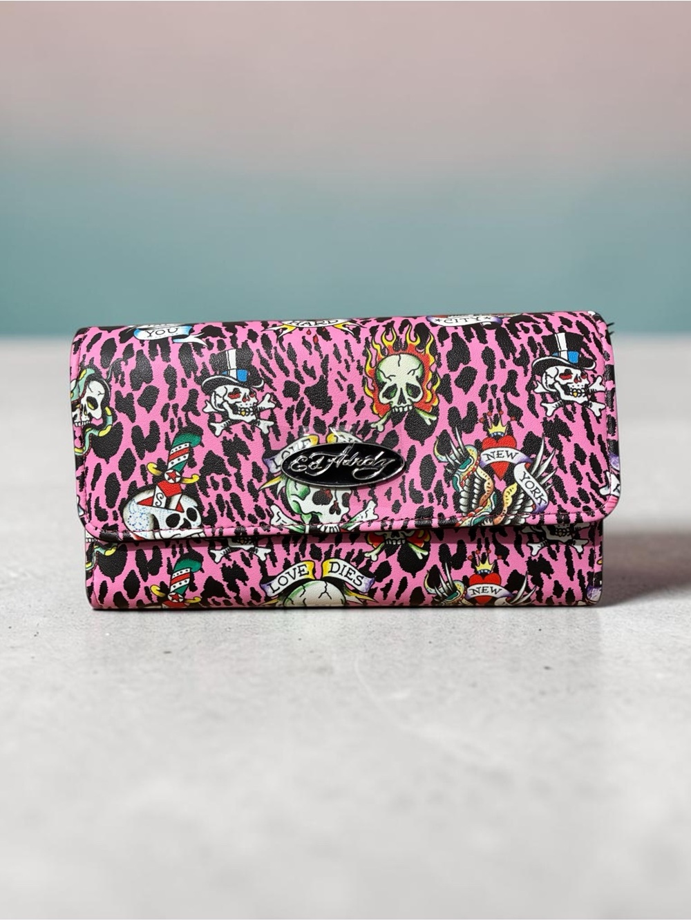 Ed Hardy Pink Leopard Tattoo-Print Flap Wallet